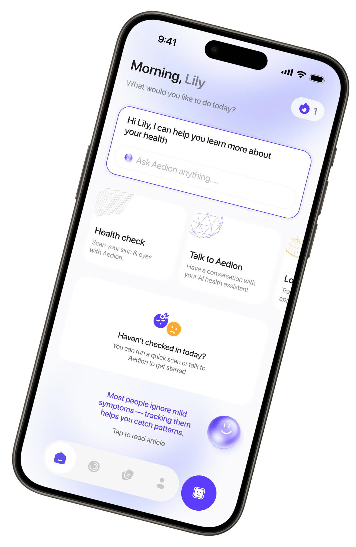 Aedion AI wellness home screen